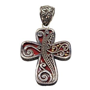 Samuel Benham STERLING SILVER / 18K Red CORAL CROSTERLING SILVER Cross PENDANT